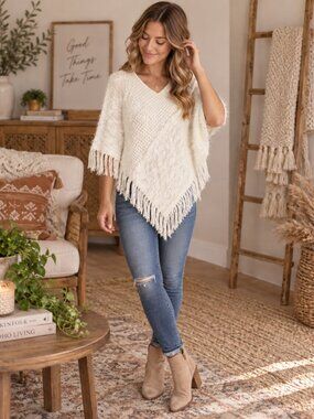 2 Chic Women’s Ivory Fuzzy Knit Poncho Fringe Boho Sweater Cape NWT